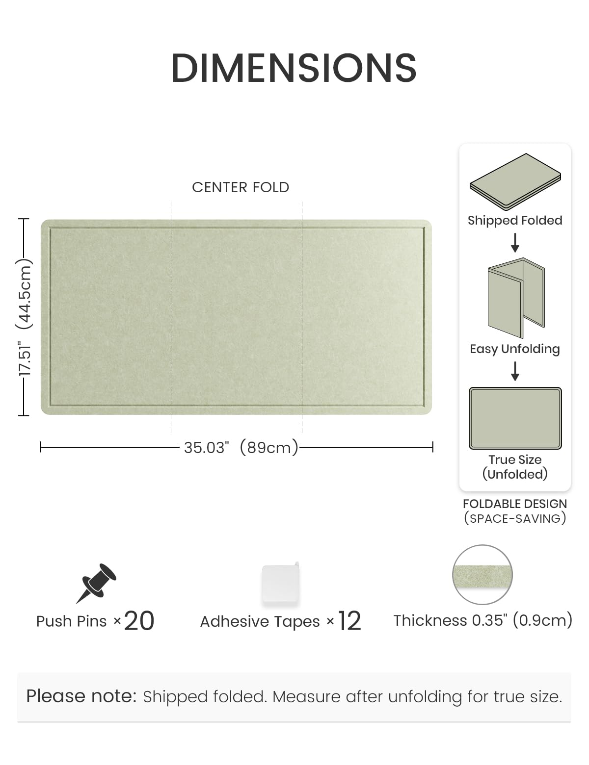 Fluxynara Bulletin Board, 35" x 17.5" Cork Board Alternative with 12 Safe Removable Adhesive Tabs, Foldable Felt Pin Board for Home Office, Classroom, Bedroom,Entryway for Walls—Sage