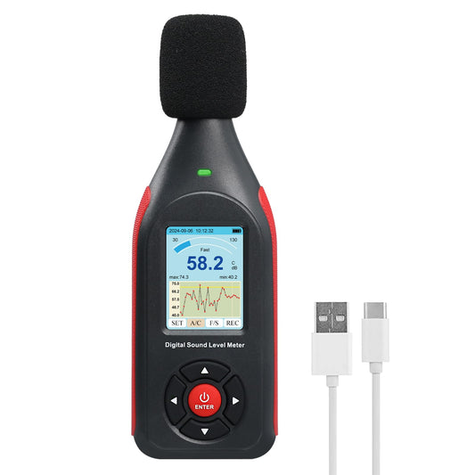 Decibel Meter Digital Sound Level Reader,Data Logger Sound Decibel Meter with 43,000 Data Record Function, 3-Color Alarm, A/C Frequency&DC Output, 30-130dB Portable Noise Meter for Home, Factory