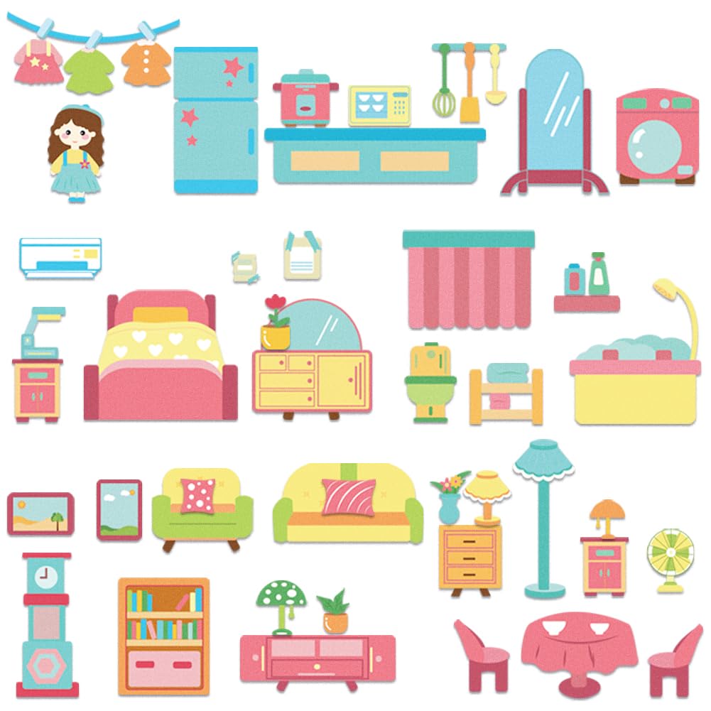 BEUNITONE Home Felt Story Board 51 Pcs Home Furniture Felt Story Pieces for Birthday Gifts Wall Hanging Decoration