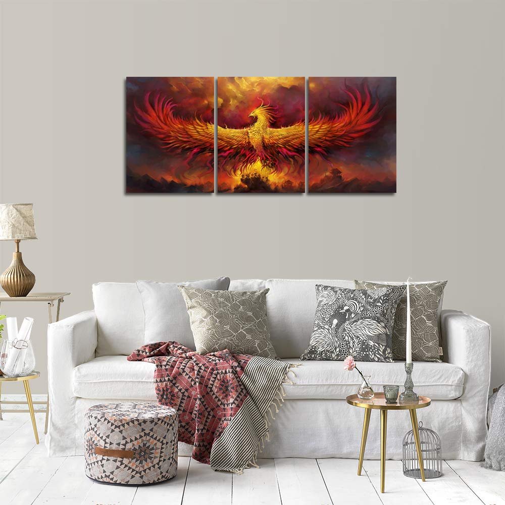 Fire Phoenix Wall Art Prints Volcanic Burning Phoenix Birds Canvas Picture Posters Prints Artwork 3 Piece Home Office Living Room Bedroom Decor Framed Ready to Hang - 36" W x 16" H