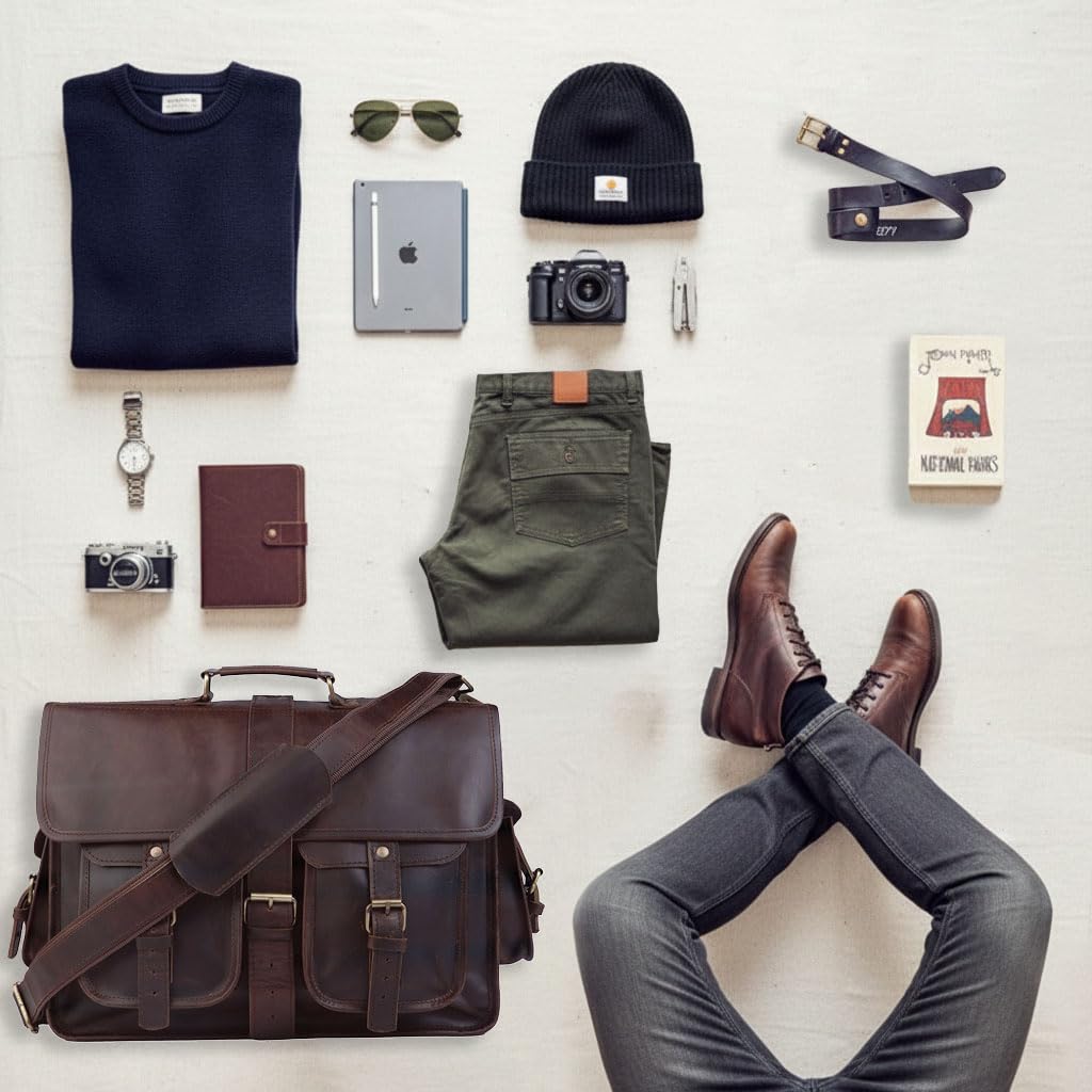 URBAN DEZIRE 16 inch Leather Messenger Bag Brown Vintage Satchel Genuine Laptop Computer Office Shoulder Handmade Briefcase for Men