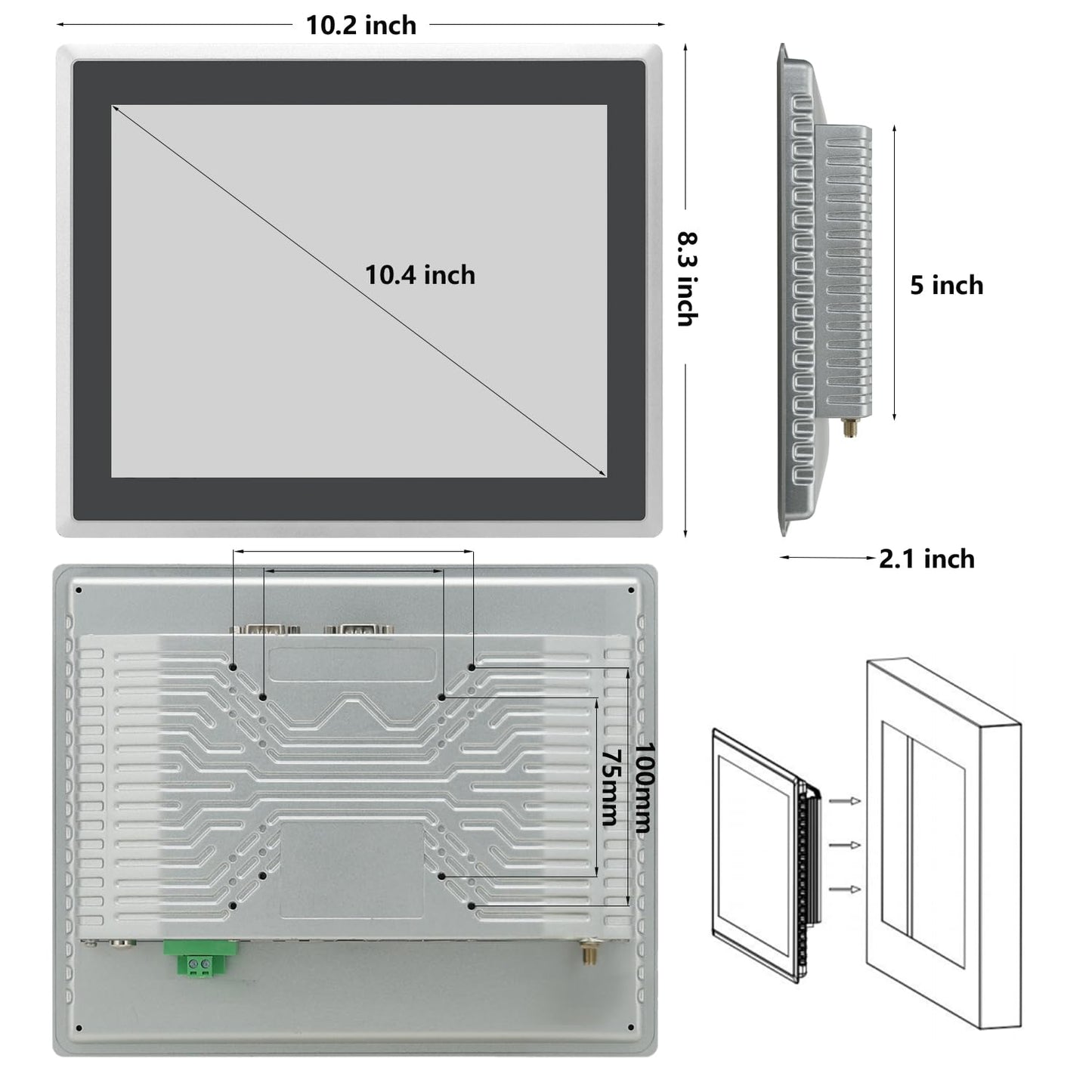 TouchWo 10.4 inch Industrial Embedded Touchscreen Monitor, Capacitive Multi-Touch Screen Industrial Front IP65 Monitor Built-in Speakers, HD-MI in, USB, VGA, 4:3 1024x768 Display