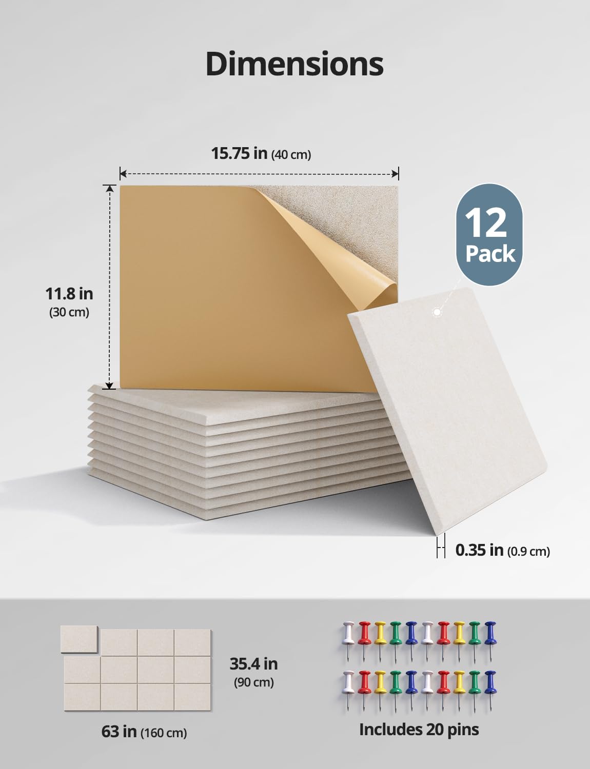 Kuchoow Large Felt Bulletin Cork Board Self-Adhesive Beige Pin Wall Tiles, 48'' x 36'' Rectangular Vision Tack Panels for Classroom Office Display 12 Pack Corkboard for Kitchen Bedroom Home Decor