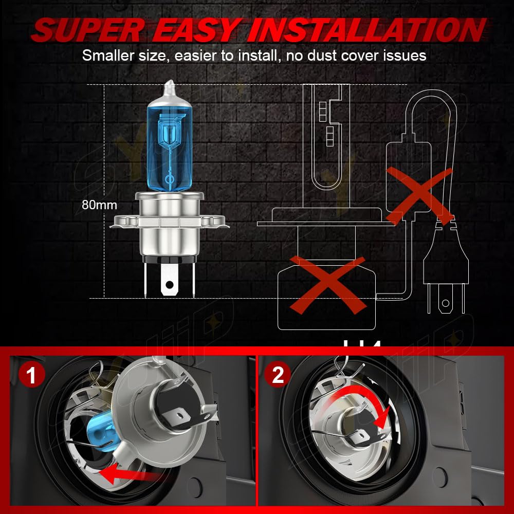 SYJIIP Halogen Headlight Bulbs 9003/H4 + 9006 Fog Light 6000K White, 300% Brightness, Pack of 4, Compatible with Toyota Se