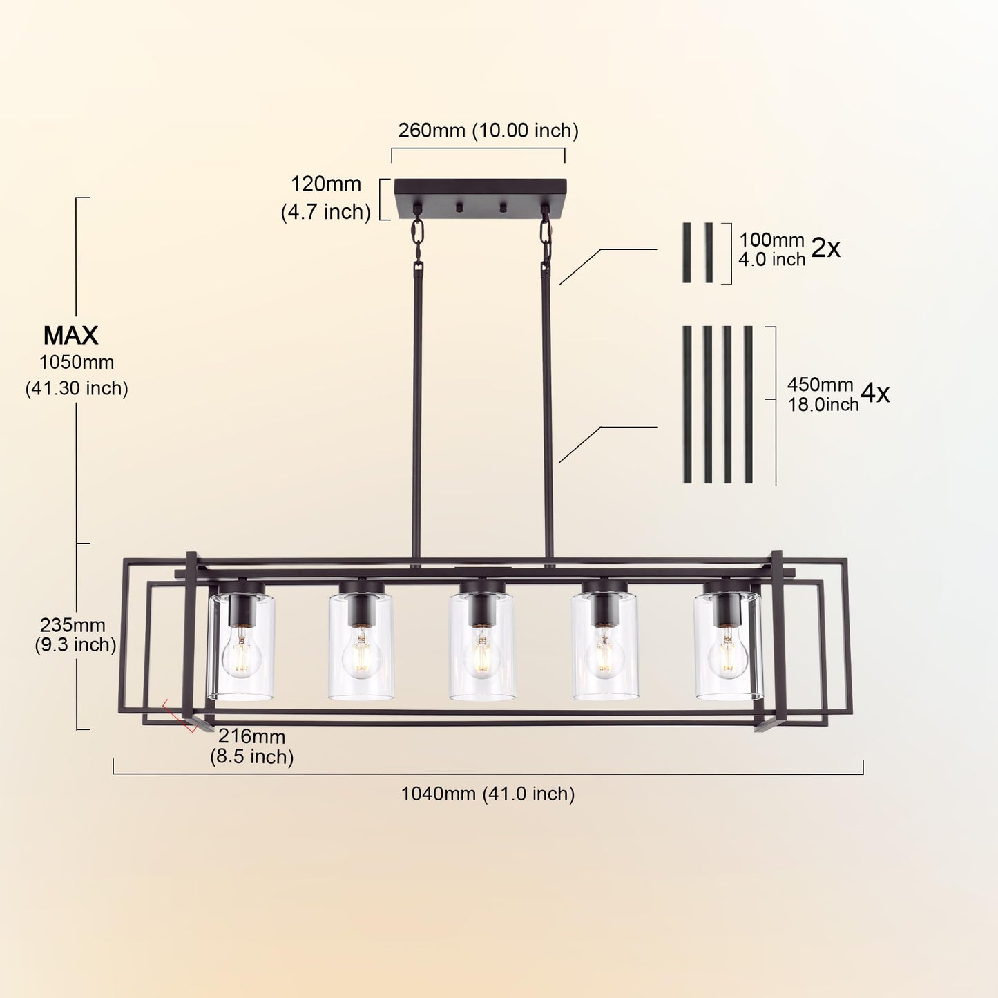 Lucidce 5-Light Industrial Pendant Light, Oil-Rubbed Bronze, Adjustable, Iron, Rectangular Frame, Model 011P-OB, Transparent Glass Shades