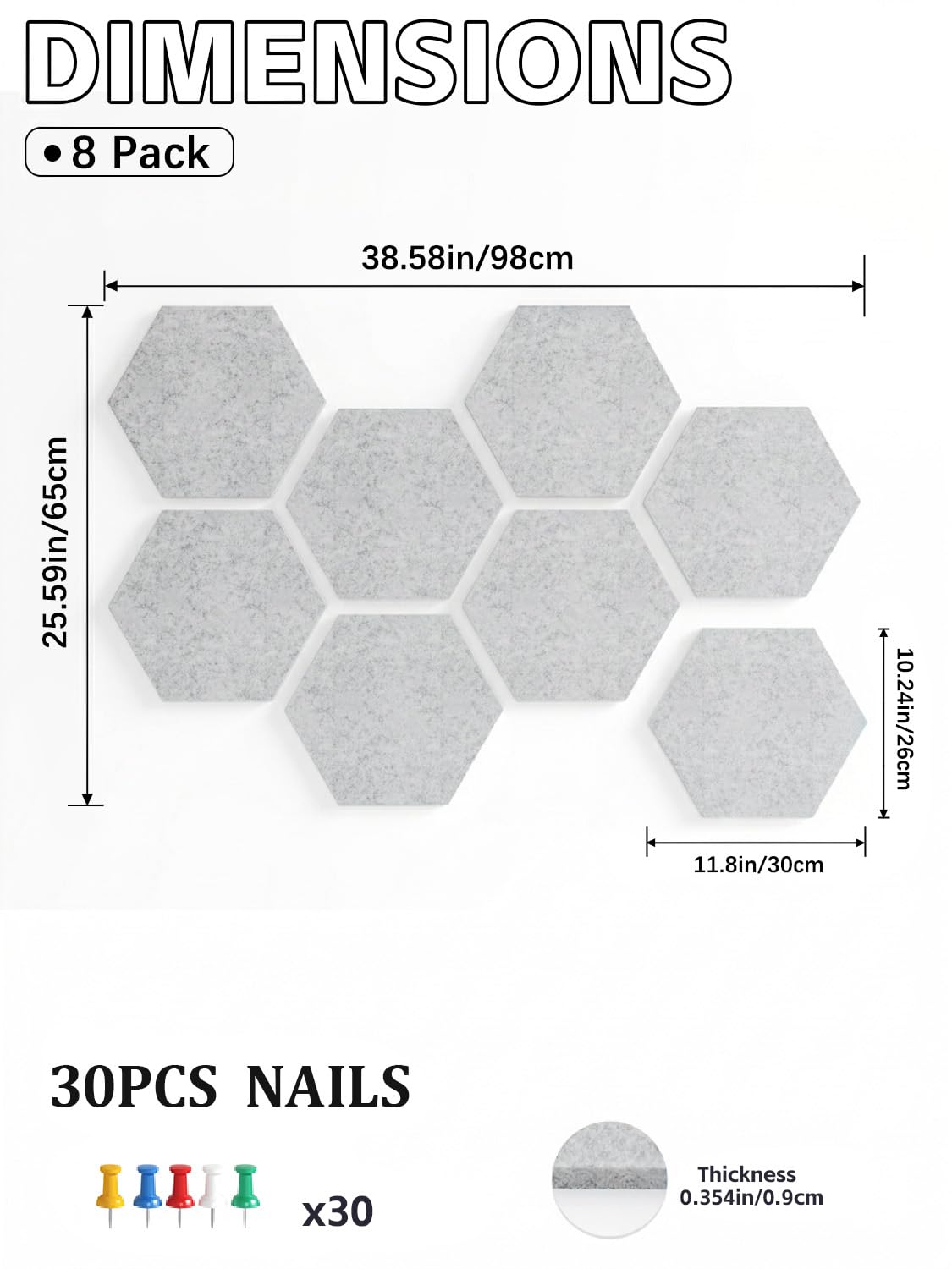 Uoisaiko 8 Pack Hexagon Felt Bulletin Board Tiles - 12" Large Thick Pin Board for Walls with 30 Push Pins, DIY Boards for Office Home School Decor, Aesthetic Hex Cork Board Alternative