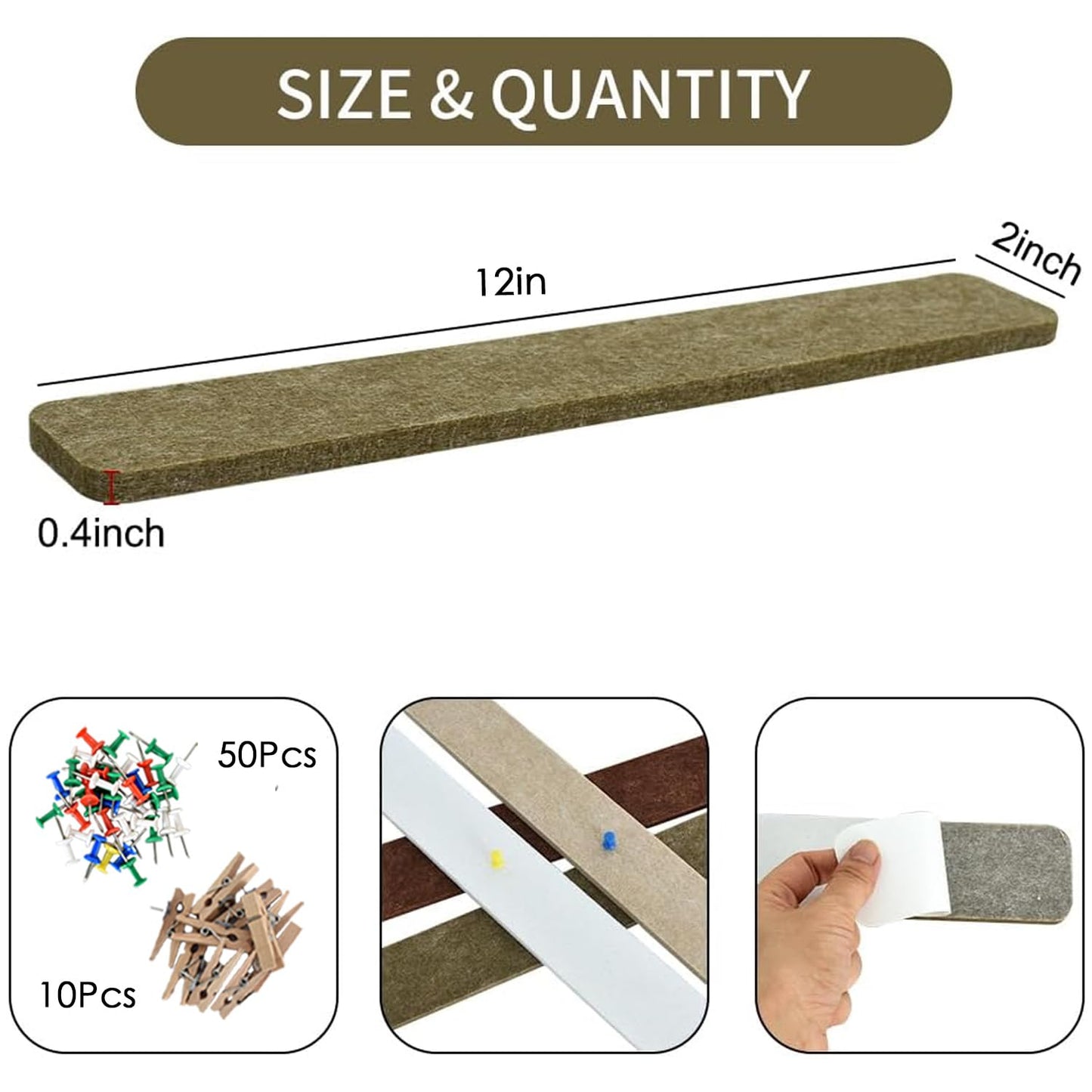 Vuzvuv 8 pcs Bulletin Board Bar Strips with 50 Pushpins & 10 Wooden Clip pins，Self Adhesive Cork Board for Wall，Felt Pin Board for School，Office Decor(Coffee-Brown White)