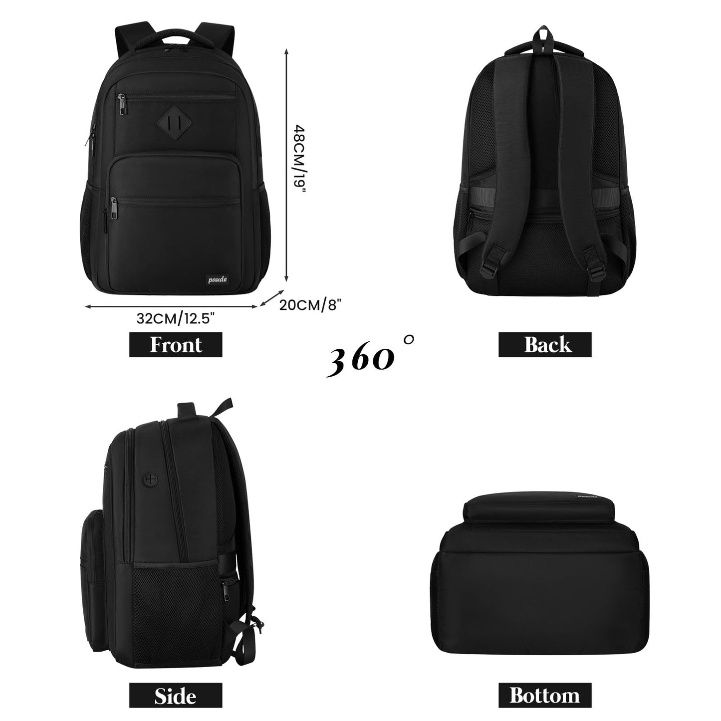Paude Black Backpack,School Backpack for Teens Adults Laptop Bookbag for High School College Students Back Pack for Work