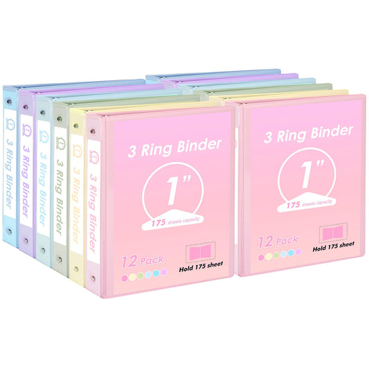 EOOUT 1 inch 3-Ring Binder 12 Pack Assorted Pastel Color with 2 Pockets Inside, Fits 11 x 8.5 Inch Paper with 175 Sheets Capacity, for Office, Home, School Project