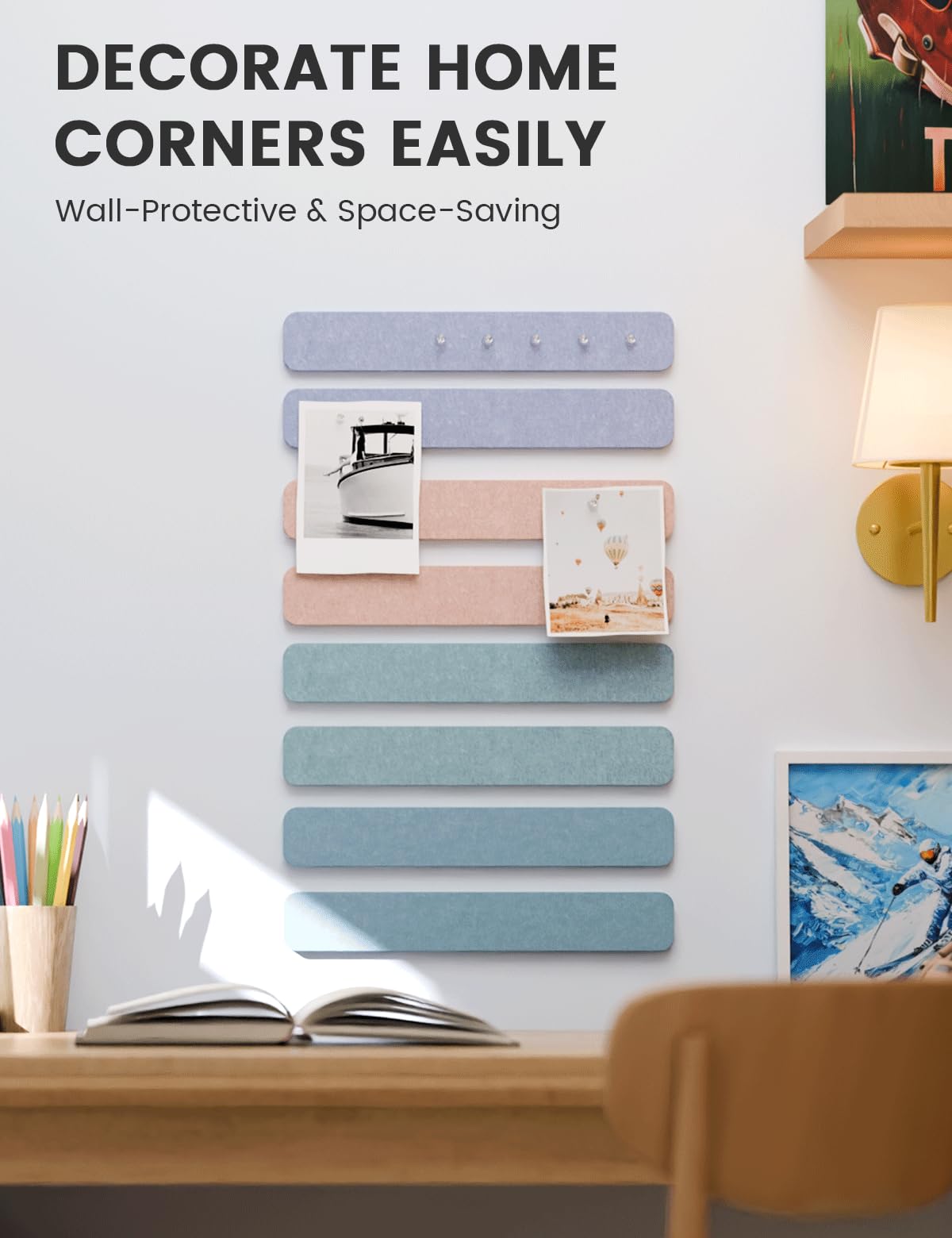 Fluxynara Cork Board Alternative Felt Strip Board 8-Pack 13"x2", Office Pin Board with 50 Push Pins, Adhesive Install for Bedroom Door & Home Office (Coastal Haze)