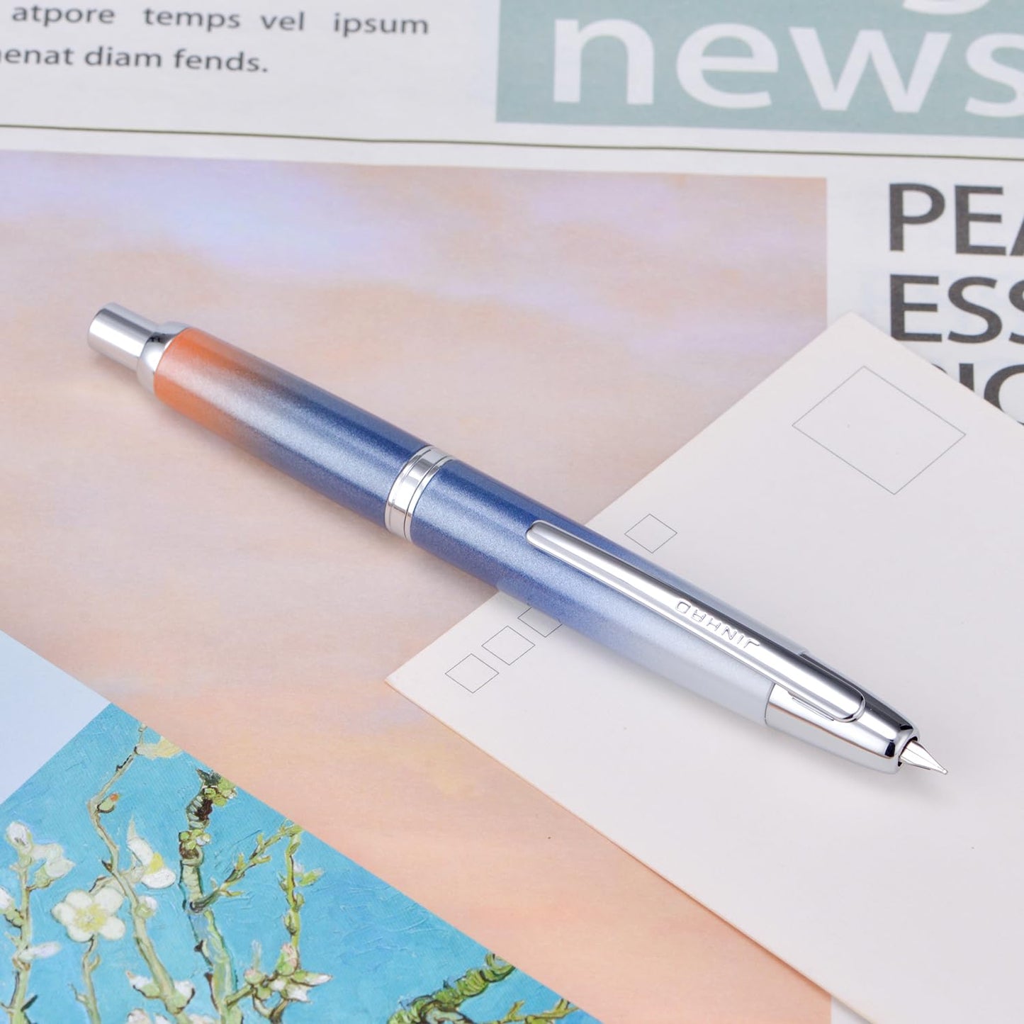 Jinhao 10 Press Fountain Pen with Box, Gradient Dark Blue Retractable Extra Fine Nib with Ink Converter Set (Silver Clip)