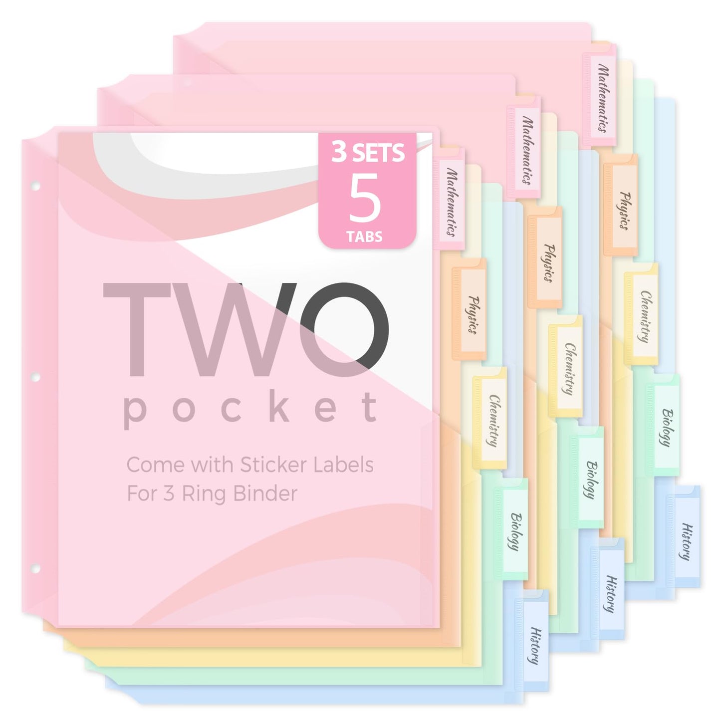 SKYDUE Binder Dividers with Two Pockets, 3Sets, 5 Tabs Dividers for 3 Ring Binder, Plastic Binder Dividers with Tabs for School, Office, and Home Organization,Pink