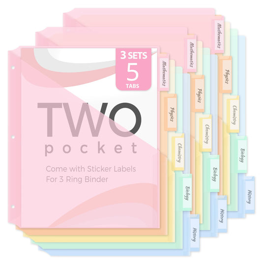 SKYDUE Binder Dividers with Two Pockets, 3Sets, 5 Tabs Dividers for 3 Ring Binder, Plastic Binder Dividers with Tabs for School, Office, and Home Organization,Pink