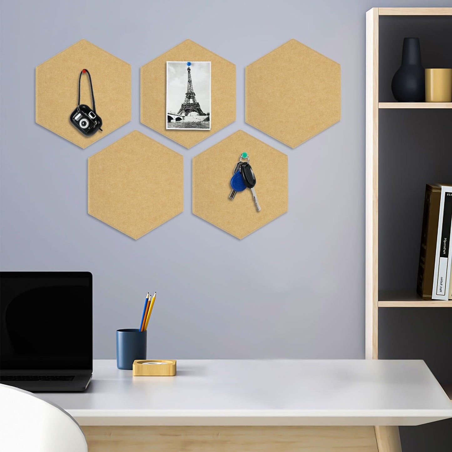 8 Packs Camel Hexagon Felt Pin Board, 12" Bulletin Board with 30 Push Pins, Felt Board for Home Kitchen Office Decor, Self-Adhesive Corkboard Tiles for Walls School Message Photos Memos
