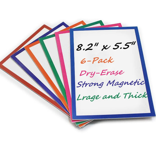 6Pcs Magnetic Dry Erase Labels Extra-Large, 8.2x5.5'' Thick Reusable Fridge White Board Magnets, Colored Dry Wipe Daily Planner Chore Chart Whiteboard Message Cards