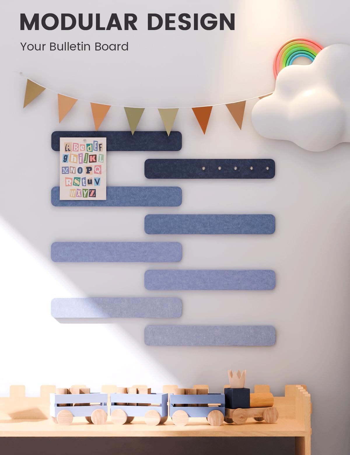 Fluxynara Cork Board Alternative Felt Strip Board 8-Pack 13"x2", Office Pin Board with 50 Push Pins, Adhesive Install for Bedroom Door & Home Office (Denim Mist)