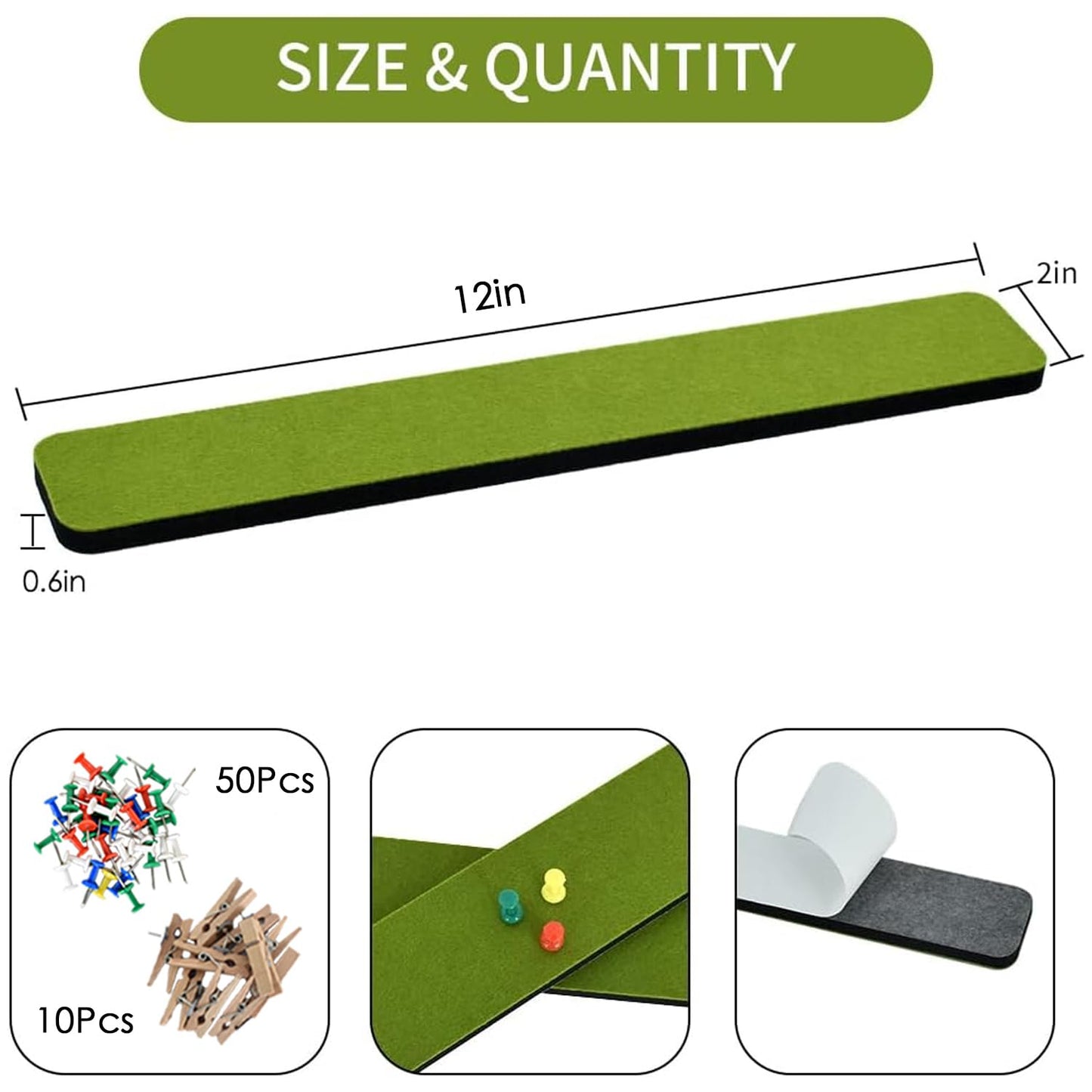 Vuzvuv 8 pcs Bulletin Board Bar Strips with 50 Pushpins & 10 Wooden Clip pins，Self Adhesive Cork Board for Wall，Felt Pin Board for School，Office Decor(Olive Green)