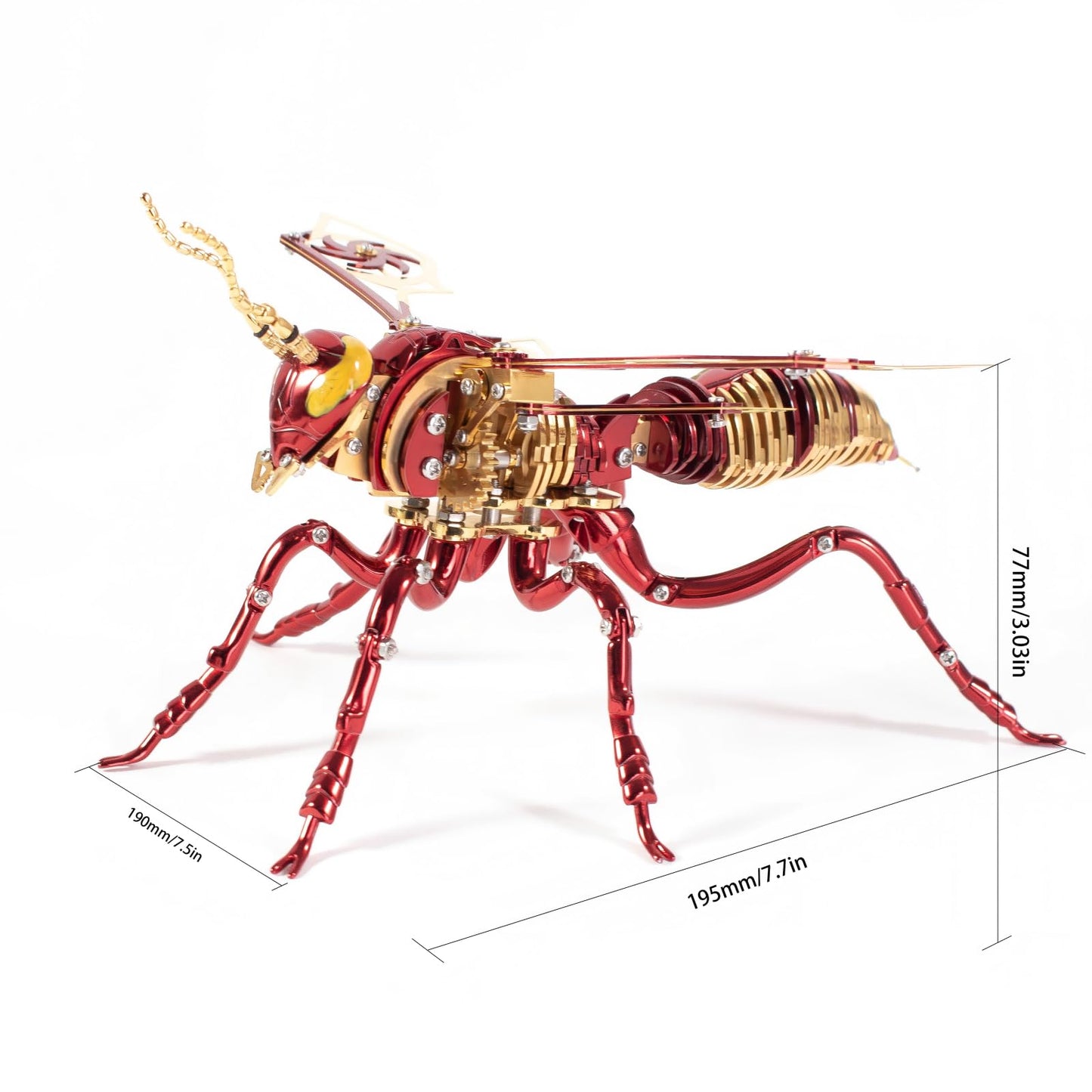 Gold-Plated Metal Bee Model Kit - 3D Stainless Steel Mechanical Insect Puzzle for Adults - Steampunk Bionic Wasp Sculpture - Executive Desktop Art and Stress Relief Gift（Bee-Red-Gold