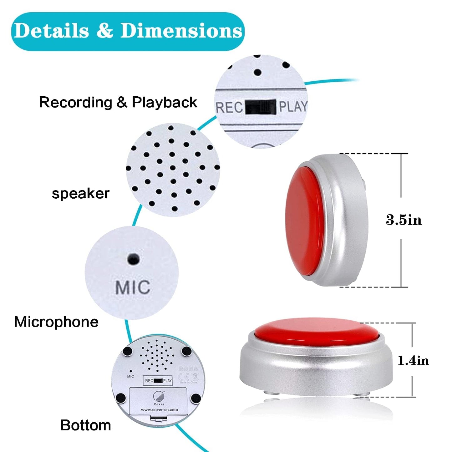 Recordable Button Voice Recording Button Dog Buttons for Communication Game Buzzer 30 Seconds Recordable Answer Buzzers Funny Gift for Office Home (Silver)