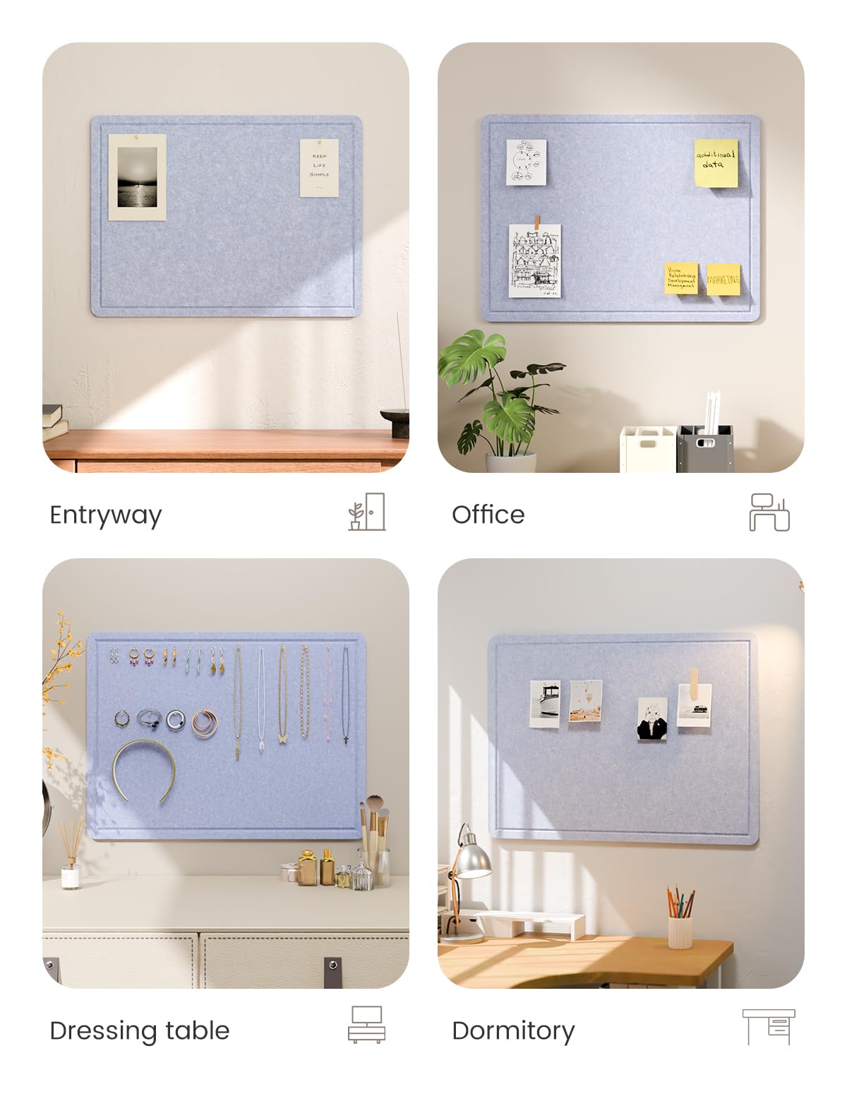 Fluxynara Bulletin Board, 23.6" x 17.5" Cork Board Alternative with 12 Safe Removable Adhesive Tabs, Foldable Felt Pin Board for Home Office, Classroom, Bedroom,Entryway for Walls—Soft Periwinkle