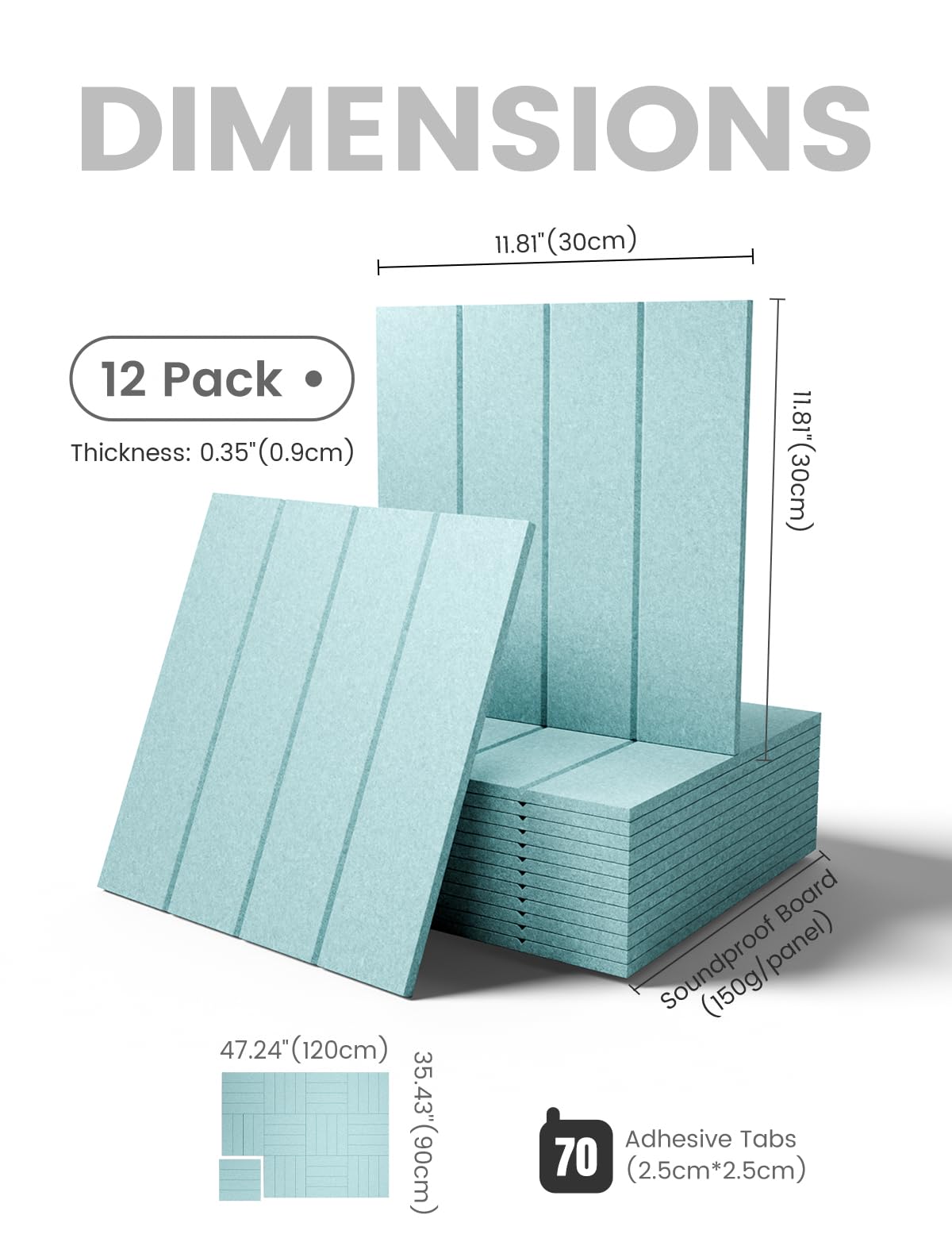 Large Felt Bulletin Board 48" x 36" Cork Board Alternative-12 Pack with 70 Safe Removable Adhesive Tabs, Cork Boards for Walls Cork Board for Home Office Classroom Pin Board-Teal Blue