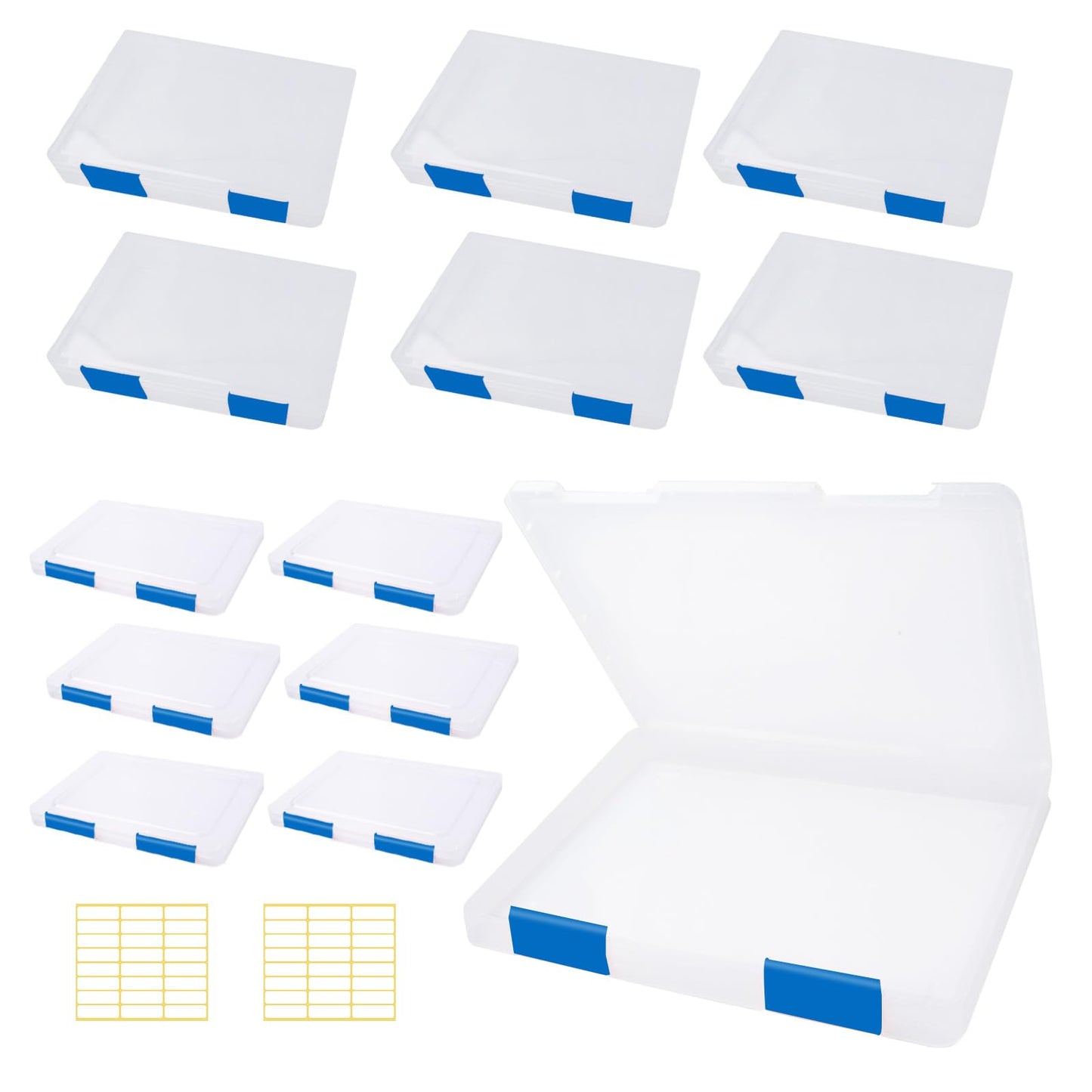 12 Pcs Clear A4 A5 File Box Document Plastic Storage Box with 48 Labels File Holder Organizer Paper Plastic Case Magazine Protector with Buckle Office School Supplies(Blue)
