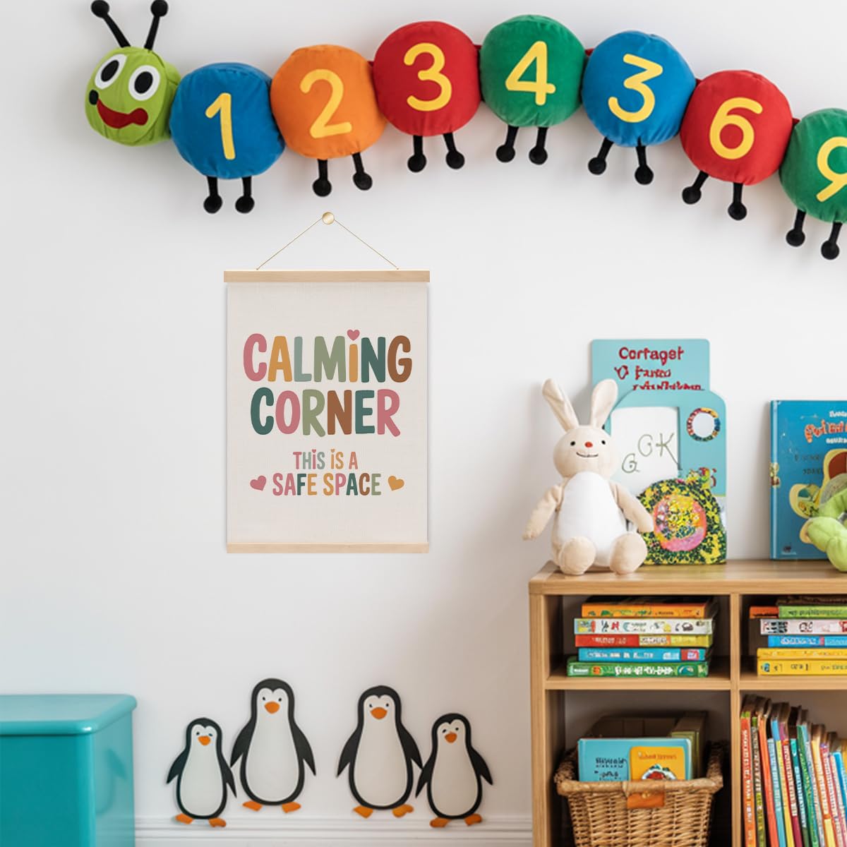 Calming Corner This Is a Safe Space Wall Art Poster Hanger,Boho Classroom Decor for Nursery Toddler Office Calming Corner Sign-Mental Health Gifts for Homeschool Classroom Decor 15.8x11.8 Inch