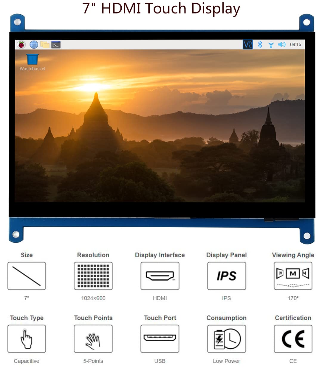 waveshare 7inch HDMI LCD IPS Capacitive Touch Screen 1024×600 Display Monitor Compatible with Raspberry Pi 5/4B/3B+/3B/Pi Zero W/Zero 2W/Pico/Pico W/Pico 2/Pico 2WJetson Nano/Win10/8/7,etc.