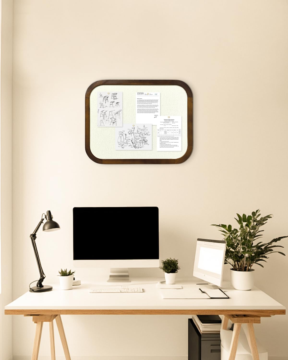 Linen Bulletin Board, Pin Board for Walls, Fabric Bulletin Board, 13"x17"Small Pin Board for Home Kitchen Office Decorative, Brown Wood Frame Cork Board(BN-3343)