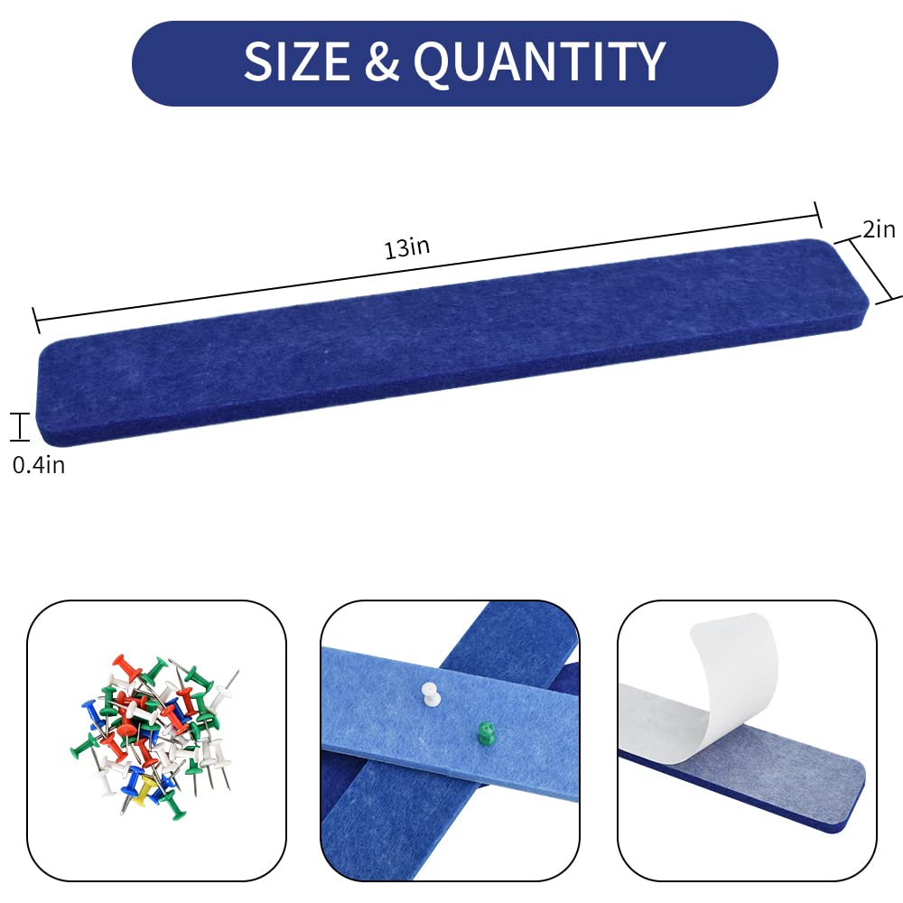 Vuzvuv 8 pcs Bulletin Board Bar Strips with 50 Pushpins & 10 Wooden Clip pins，Self Adhesive Cork Board for Wall，Felt Pin Board for School，Office Decor(Blue)