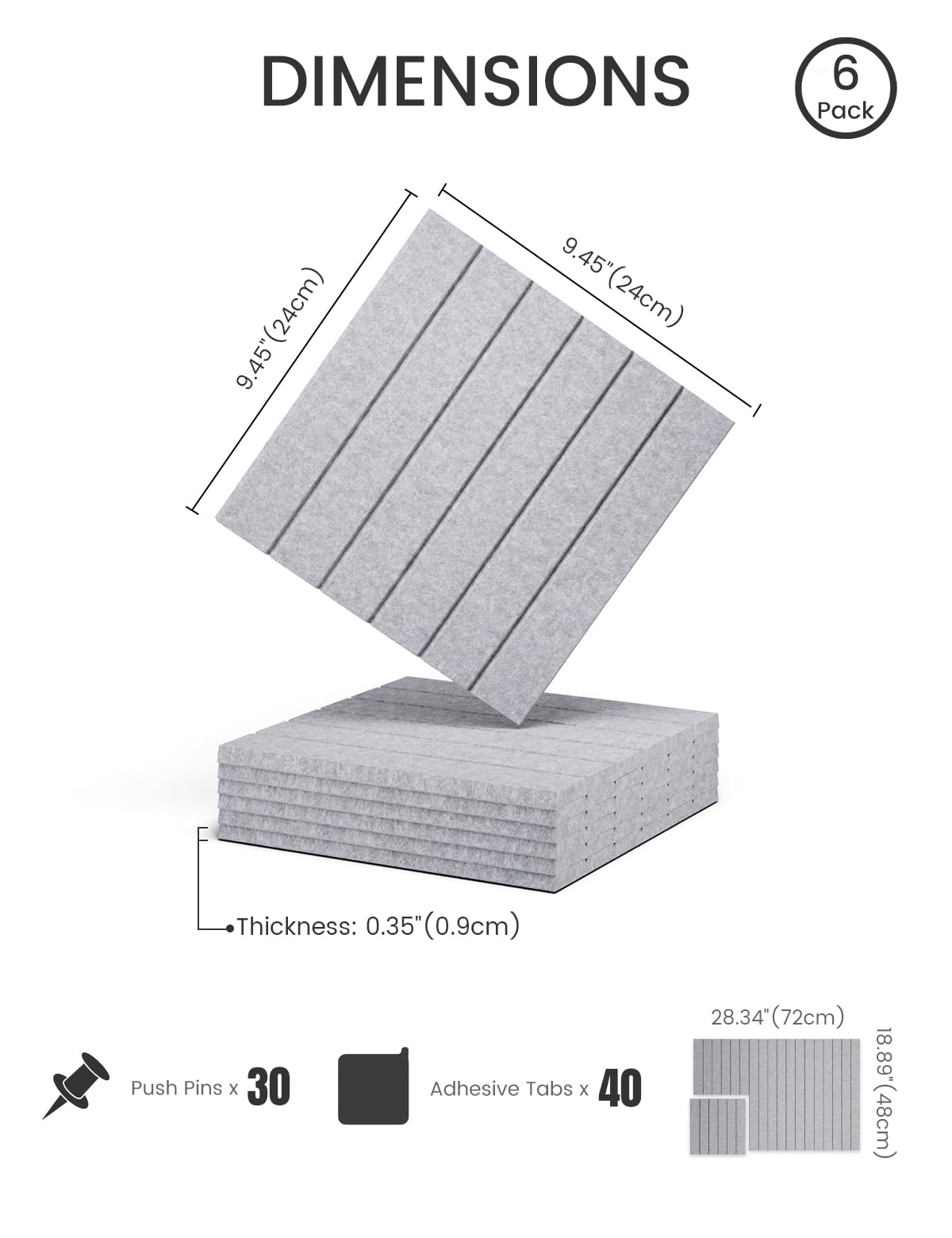 Felt Bulletin Board Tiles -28"x18" with 40 Adhesive Tabs, Cork Board Alternative for Office Decor, Push Pin Board Wall Organizer 6-Pack (Soft Gray)