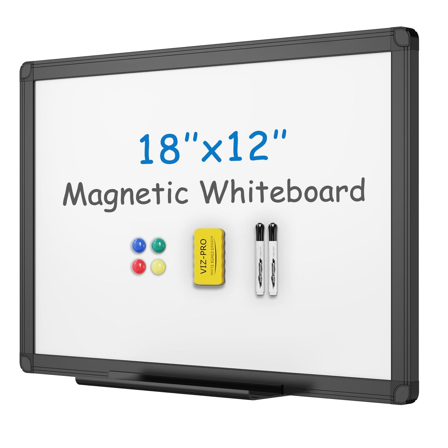 VIZ-PRO Magnetic Whiteboard/Dry Erase Board with Black Aluminium Frame, 18 X 12 Inches, Includes 1 Eraser & 2 Markers & 4 Magnets