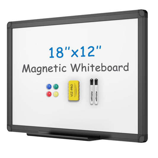 VIZ-PRO Magnetic Whiteboard/Dry Erase Board with Black Aluminium Frame, 18 X 12 Inches, Includes 1 Eraser & 2 Markers & 4 Magnets