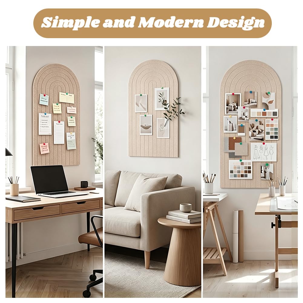 Large Arched Felt Bulletin Board, 47" x 24" Cork Board Alternative with 30 Push pins, 8 Customizable Adhesive Tiles for Office, Home Wall Decor, Photos and Workspace(Camel)