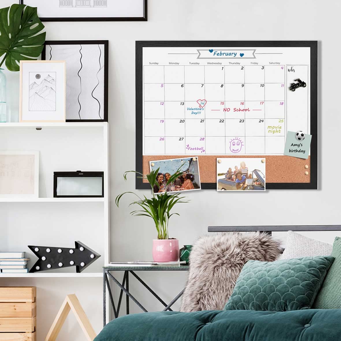 Dry Erase Calendar Whiteboard for Wall, Combination Magnetic Dry Erase White Board & Bulletin Board, 23.6" x 31.5" Wood Framed Calendar/Cork Combo Board(BK-6080)