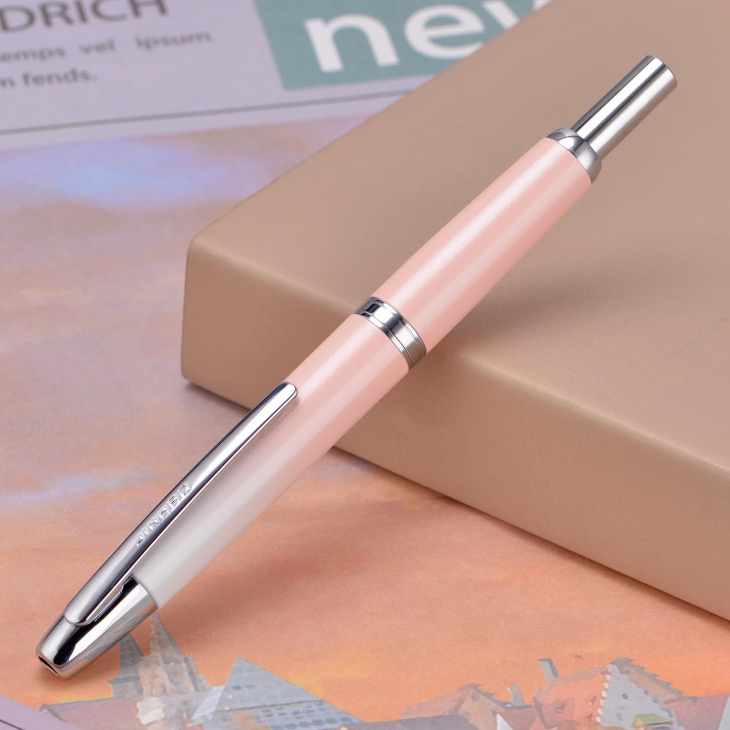 Jinhao 10 Press Fountain Pen with Box, Gradient Peach Pink Retractable Extra Fine Nib with Ink Converter Set (Silver Clip)