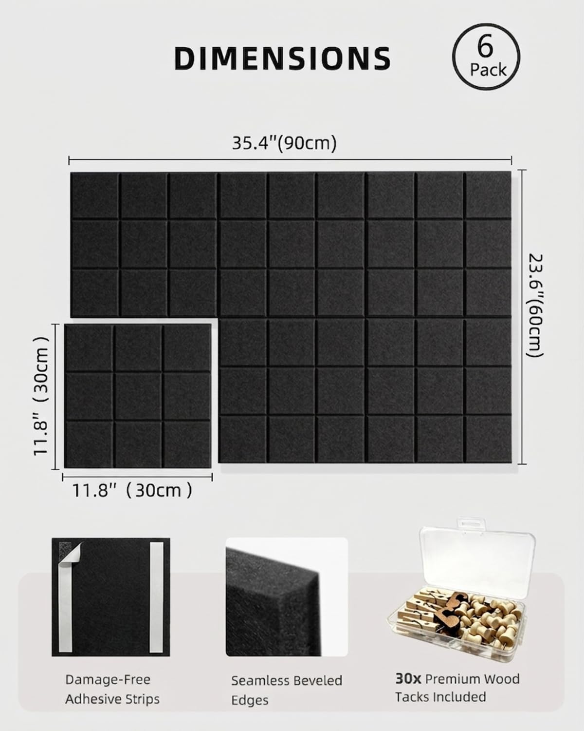 Large Felt Bulletin Board - 36" x 24" Self-Adhesive Felt Wall Tiles, Cork Boards Alternative, 6 Pack with 30 Wooden Pushpins, Cork Boards for Walls, Office & Home Decor, Push Pin Board - Black