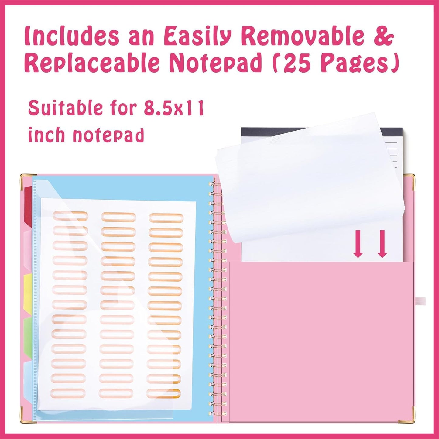 HAUTOCO Clipboard Folio with Refillable Notepad for Letter Size (11" x 8.5"), 5 Dividers with 10 Pockets, Elastic Pen Holder and File Folder Labels, Spiral Nurse Clipboard Artboard(Pink)
