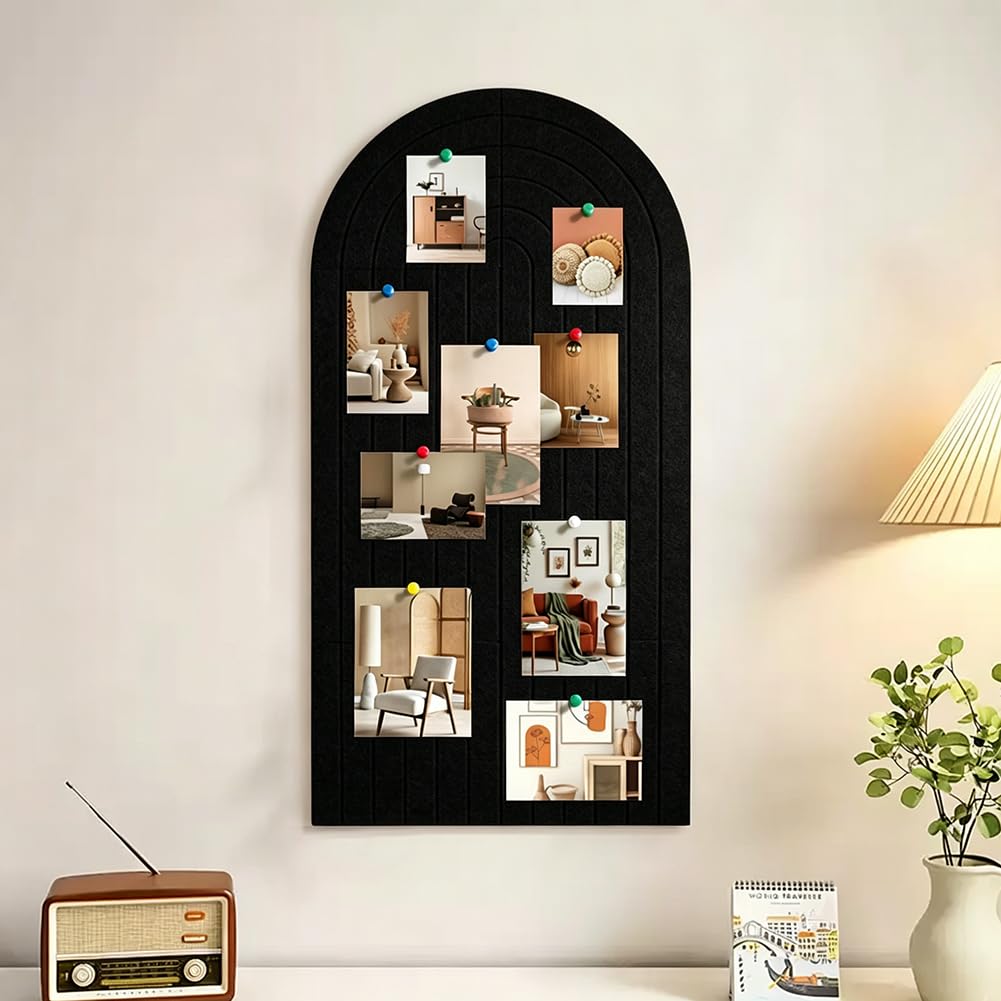 Large Arched Felt Bulletin Board, 47" x 24" Cork Board Alternative with 30 Push pins, 8 Customizable Adhesive Tiles for Office, Home Wall Decor, Photos and Workspace(Black)
