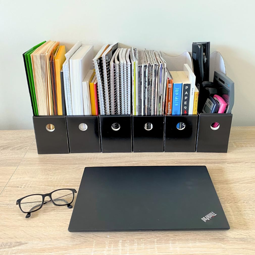 Evelots Magazine File Holder - Set of 6 Black - Office Desk Organizer - Sturdy Cardboard - New Upgraded Double Front Panel for More Stability - Full 4 Inch Wide - Easy Assemble
