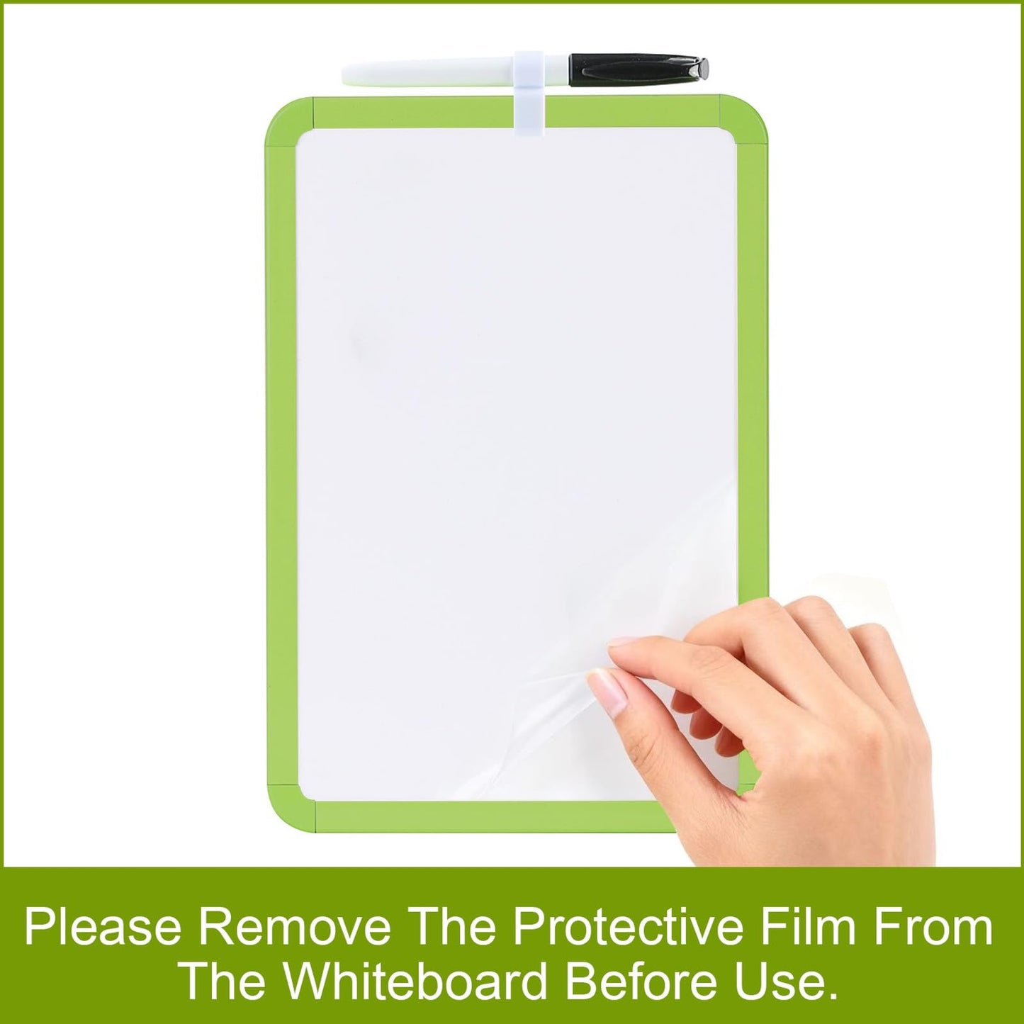 MXG Double Sided Dry Erase Board, 8x12 Inch Portable Small White Board with Green Frame, Handheld Whiteboard for Desk, Fridge, Wall, Door, Includes Marker, Eraser & Pen Holder