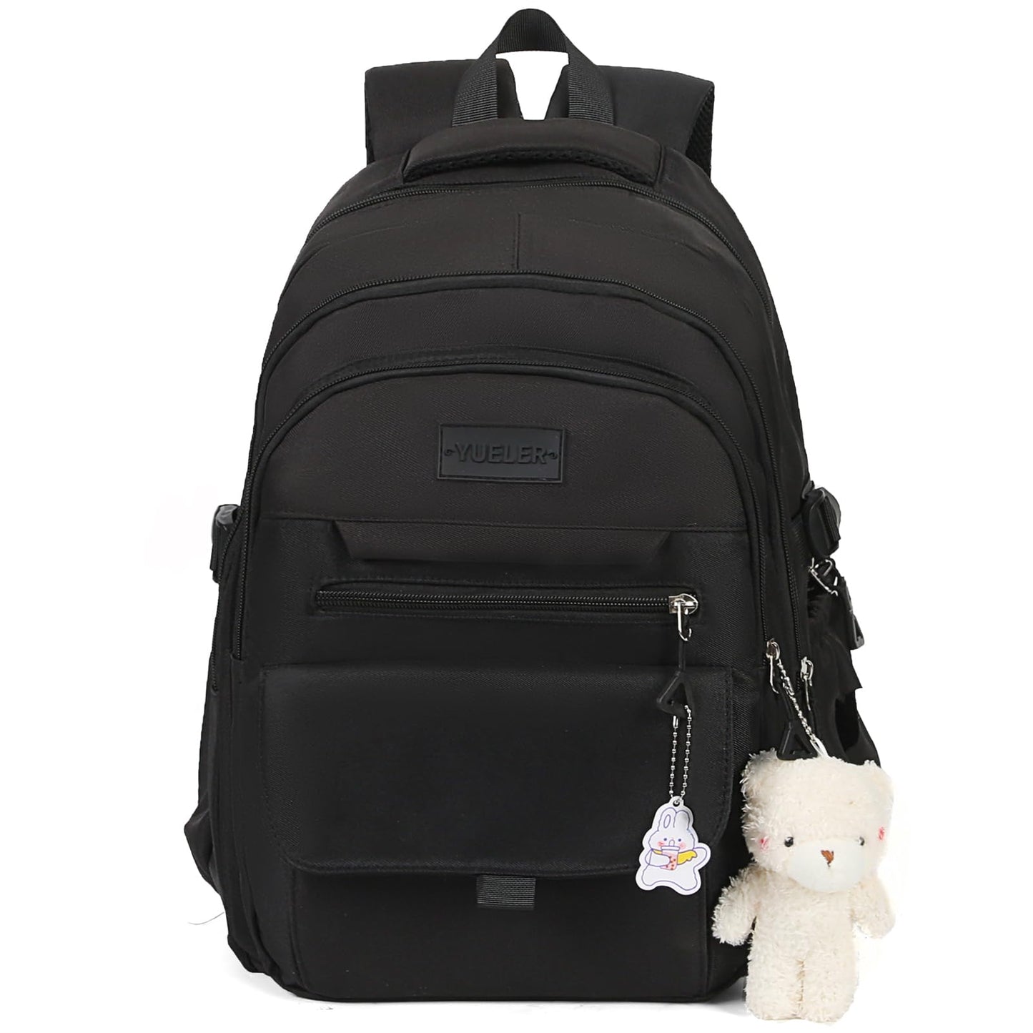 PRLINJSK Girls Backpack for College High Middle School Student, Cute Aesthetic Bookbag for Teens Women with Accessories,Black