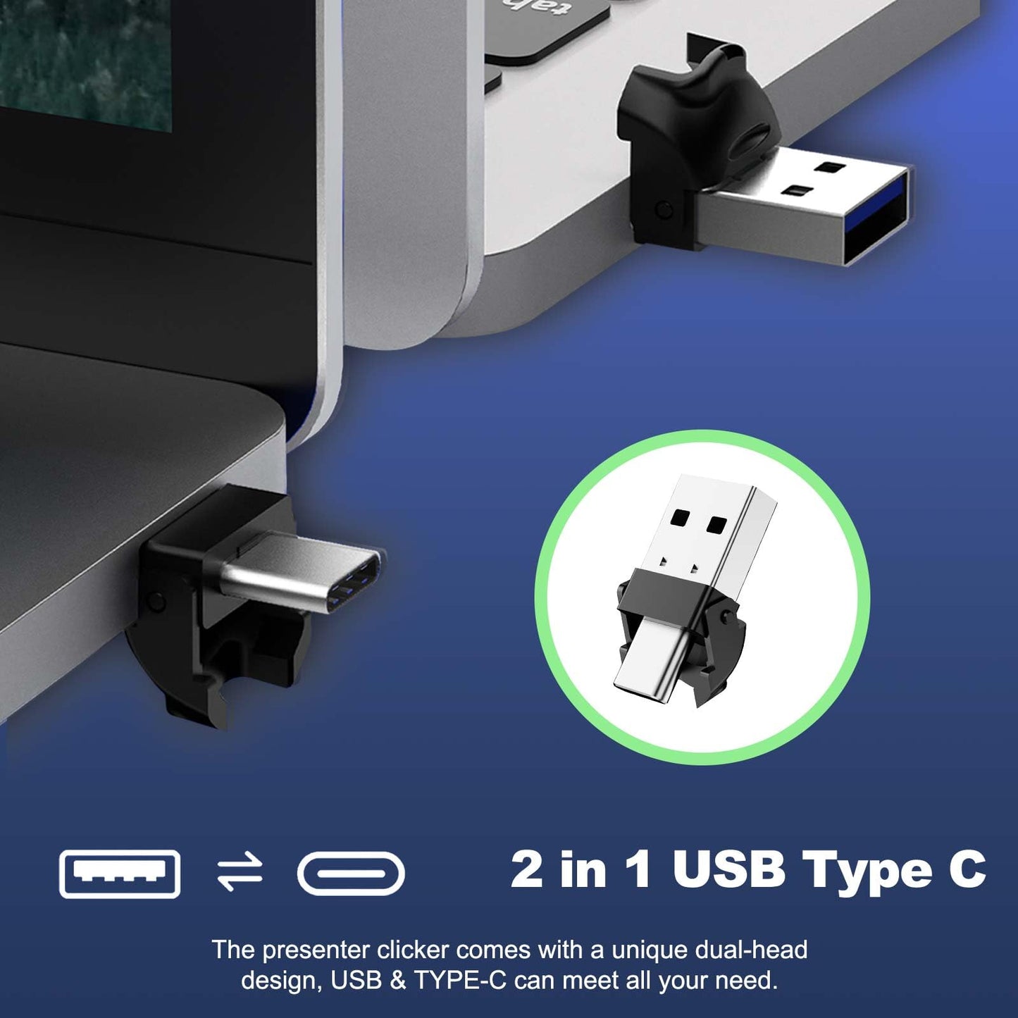 QUI Presenter Clicker USB A&C Bundle | Pen-Shaped Black & Remote-Shaped Blue