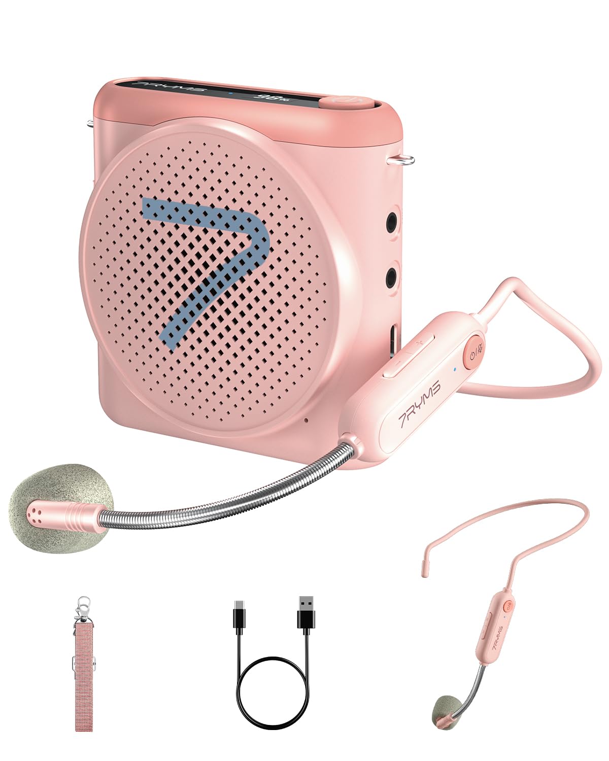 7RYMS WA1 Wireless Voice Amplifier with Headset Microphone for Teachers, Personal Power Amplifier with Noise Canceling, 164ft Range, 23H Working, Microphone Speaker for Teaching, Speech, Yoga(Pink)