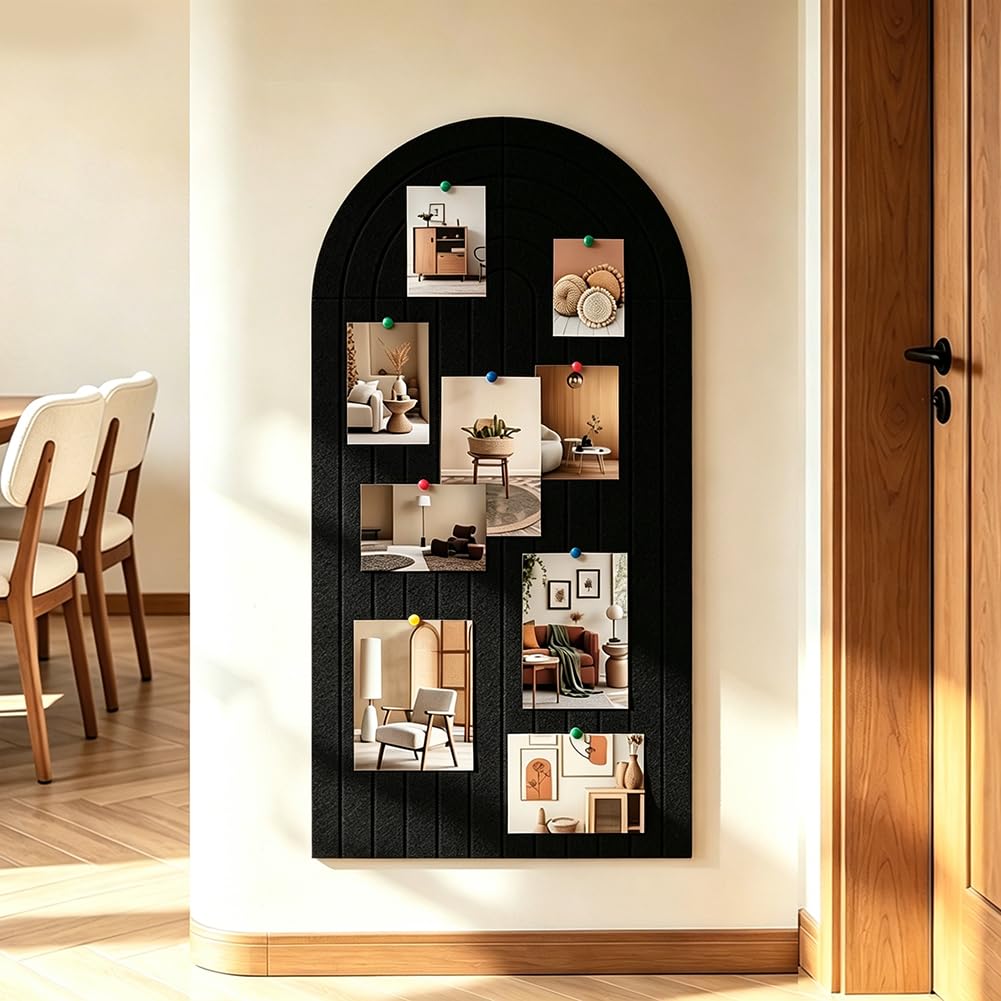 Large Arched Felt Bulletin Board, 47" x 24" Cork Board Alternative with 30 Push pins, 8 Customizable Adhesive Tiles for Office, Home Wall Decor, Photos and Workspace(Black)