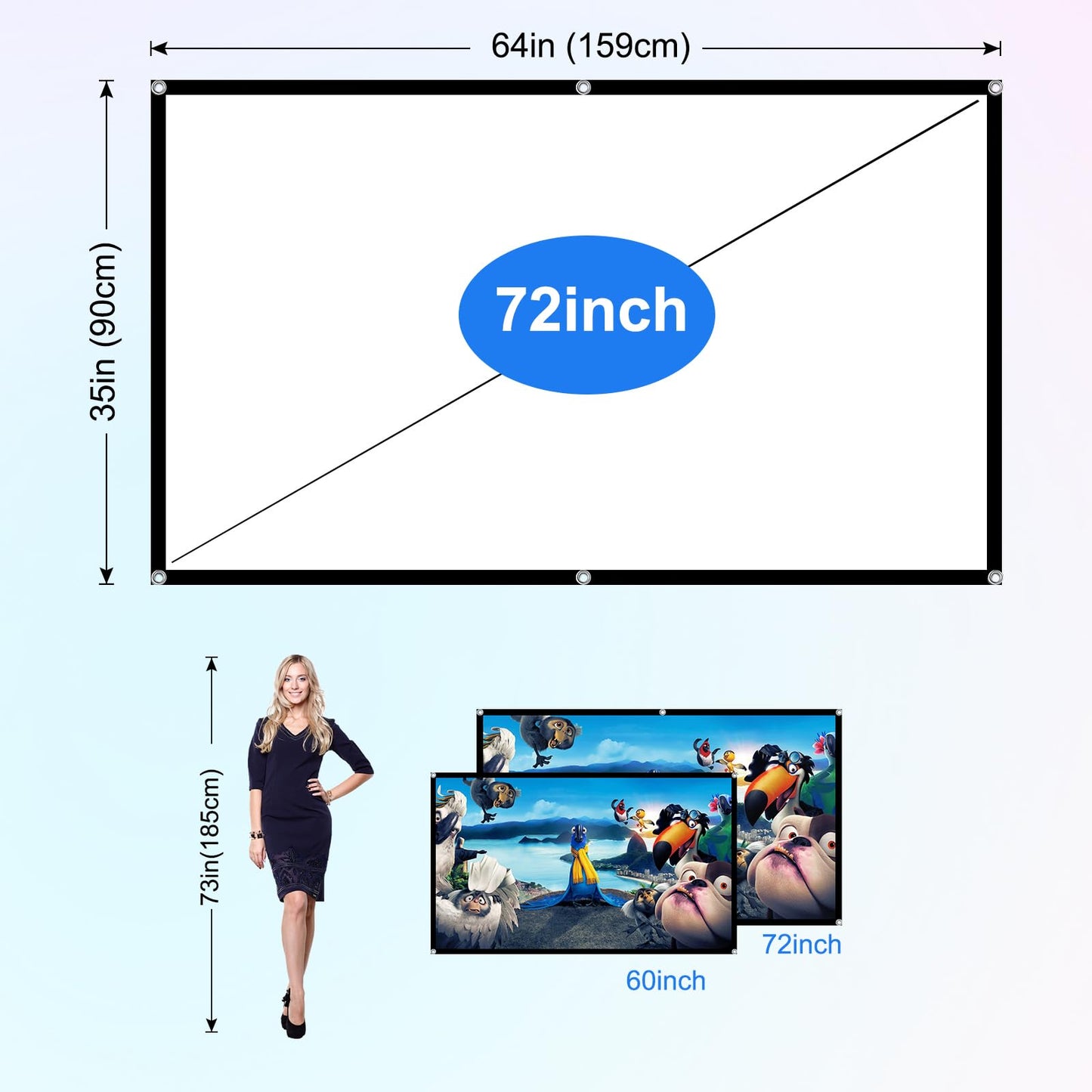 Projector Screen 72 inch，Portable Movie Projector Screen 16:9 HD Indoor Outdoor Double Sided Rear Projection Screen Video for Home, Party, Office, Classroom