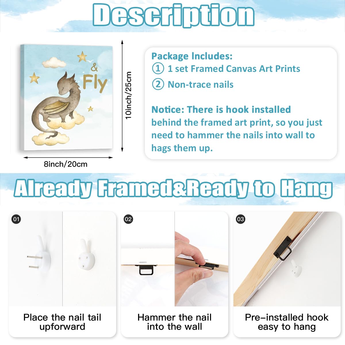 CHDITB Dinosaur Canvas Wall Art Nursery Wall Decor, Set of 6(8x10 inch) Cute Dream Dinosaur Cub Framed Art Prints, Baby Dinosaurs Cartoon Castle Animals Poster For Children's Boy Kids Room Bedroom