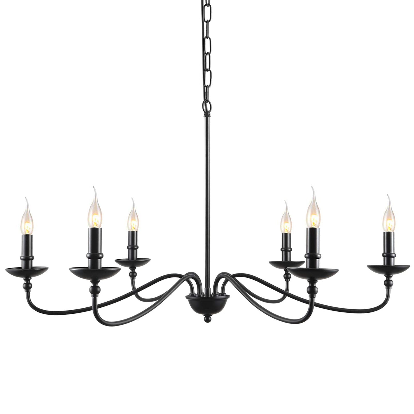 SEOL 6-Light Candelabra Chandelier, 36in Dia, Matt Black, Model SLP1902BK, Farmhouse Ceiling Pendant Light Fixture