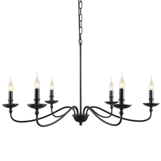 SEOL 6-Light Candelabra Chandelier, 36in Dia, Matt Black, Model SLP1902BK, Farmhouse Ceiling Pendant Light Fixture