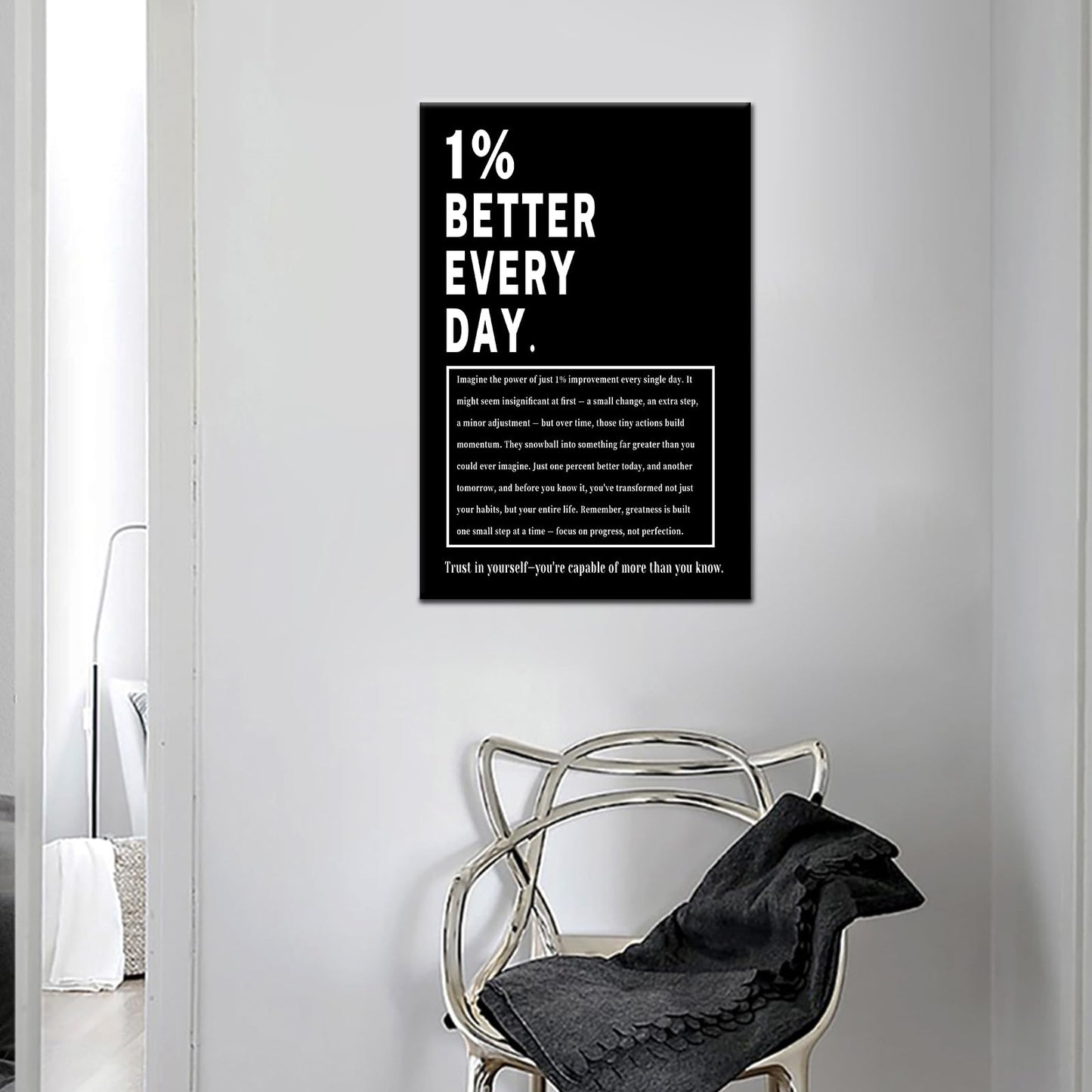 Motivational Wall Art 1% Better Every Day Inspirational Office Decor Framed Canvas Print Small Workout Poster for Home Gym Growth Mindset Sign Positive Daily Affirmation Decor [12''Wx18''H]